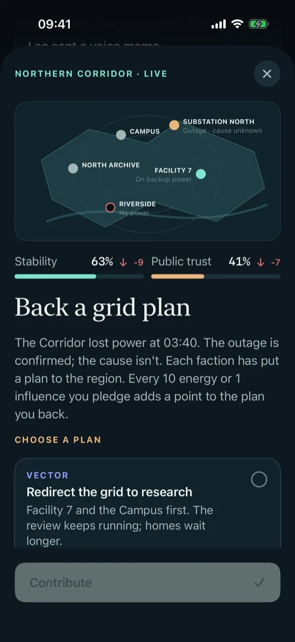 Mirror State app: choosing a faction’s grid plan